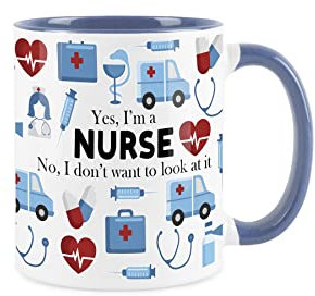 Purely Home Mug pour infirmière - Cadeau amusant - Cadeau pour café/thé - Blanc et bleu