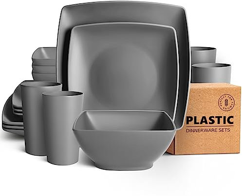 Teivio 16-Piece Kitchen Reusable Plastic Square Dinner Set, Service for 4, Dinner Plate, Dessert Plate, Cereal Bowl, 20 oz Cup, Unbreakable Plastic Plates and Bowls Set, Outdoor Camping Dishes, Grey