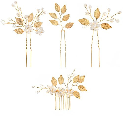4 Stücke Braut Hochzeit Haarnadeln Blume Perlen Strass Hochzeit Haarspangen Haarschmuck Gold U-förmige Haarnadeln Damen Mädchen Braut Haarschmuck