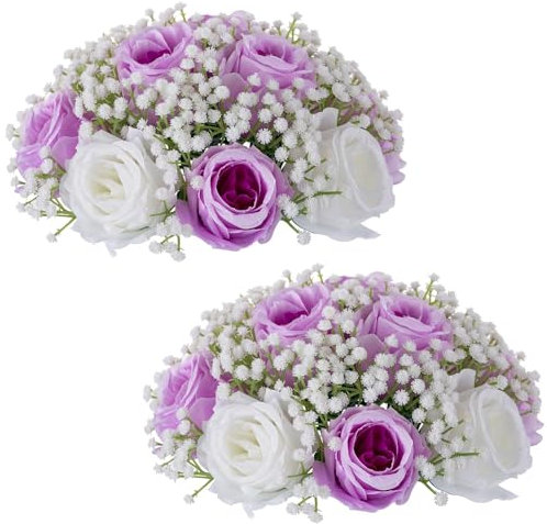 BLOSMON Fiori Finti Decorazioni Rosa Gypsophila 2 Pezzi Lilla Rose Gipsofila Fiori Artificiali per Centrotavola Matrimonio Rose Finte Pianta Finta da Interno per Decorativi Casa Centro Tavola DIY