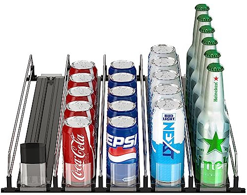 Mutool Automatic Can Dispenser for Refrigerator, 5 Rows Width Adjustable Drink Dispenser for Fridge, Can Holder Can Organiser for Fridge, Kitchen, Supermarkets, Cabinet, Black