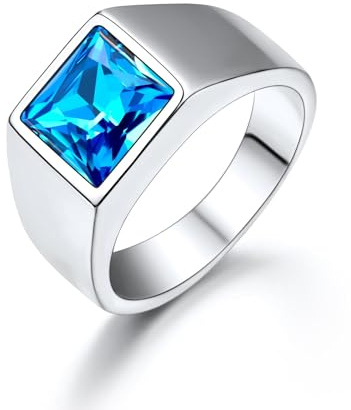 U7 Herren Ring Blauer Saphir 8 * 8mm Quadrat Schliff Edelstein Bandring Männer Gothic-Ring Siegelring Fingerring für Papa Vater,Silber,Größe 72