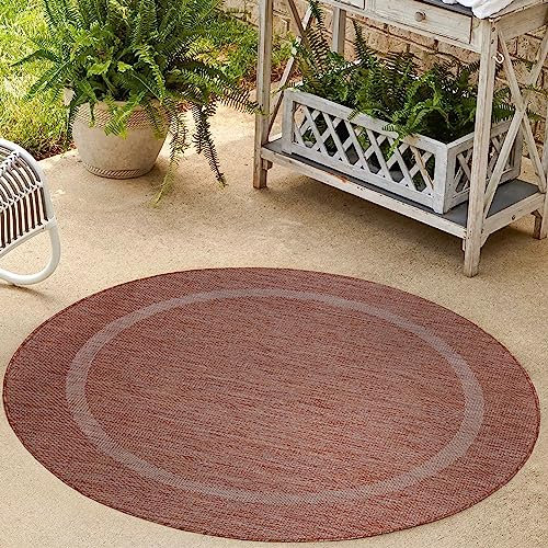 HomebyHome Waschbarer In & Outdoor Teppich Wetterfest 160 cm Rund Rot - Balkon Teppich Wasserfest - Teppich Küche 160 cm Rund Bordüre Design Camping Garten Terasse