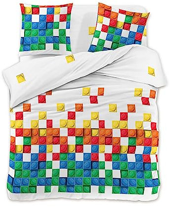 FEBE Bettwäsche Tetris Blöcke Bettbezug-Set 135x200 + Kissenbezug 2 Teilig mit Reißveschluss