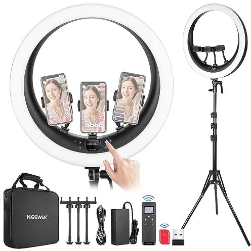 NEEWER 19 inch 2.4G Ring Light with Stand, 3 Phone Holders, 2.4G USB Transmitter for Mac/PC Remote Control, Touch Panel, Smooth Dimming at 1%, 3200K-5600K for Selfie TikTok Live Streaming Zoom, RP19H