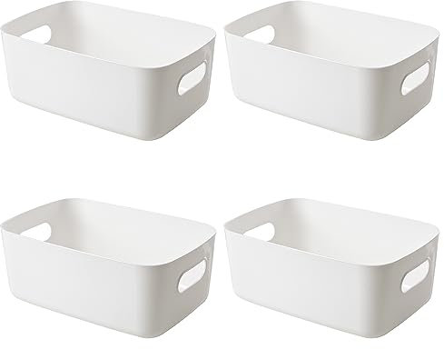 Dafencar Cajas Organizadoras de Plastico,4pcs Cesta Organizadora,Duradera,Resistente,con Asas en Ambos Lados,para Estante de Cocina,Baño,Habitación de Los Niños,Armario(Blanca)