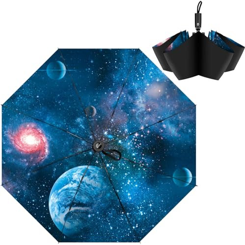 ZUOYOUZ Wasserdichter Reise-Regenschirm, 8 Rippen, kompakter Regenschirm für Regen, automatisches Öffnen und Schließen, tragbarer faltbarer Regenschirm für Damen und Herren, Kosmischer Planet