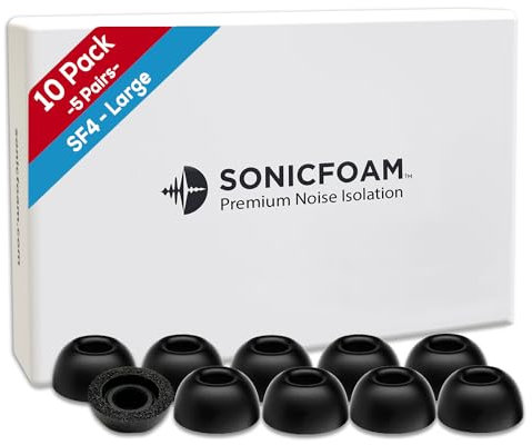 SONICFOAM Memory Foam Earbud Tips - Premium Noise Isolation, Replacement Foam Earphone Tips, 10 Pack for in Ear Headphone Earbuds (SF4 Large, Black)