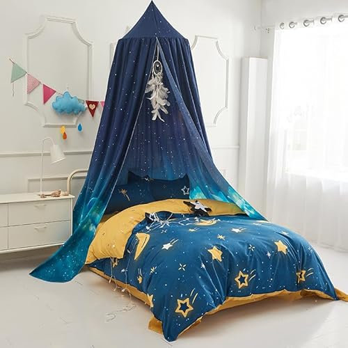 DOTBUY-SHOP Baby Betthimmel Baldachin Rund Moskitonetz, Sternenklarer Himmel Rund Kinderzimmer Hängende Bettvorhang Deko für Prinzessin Spielzelte Babybett & Schlafzimmer (Navy blau)