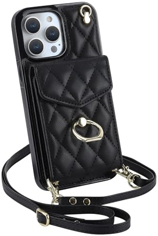 Ykerey Hülle für iPhone 12 Pro Max hülle mit Band Kette Schutzhülle mit Kartenfach PU Leder Metall Ring Halter RFID Standfunktion Brieftasche Cover für iPhone 12 Pro Max, Schwarz