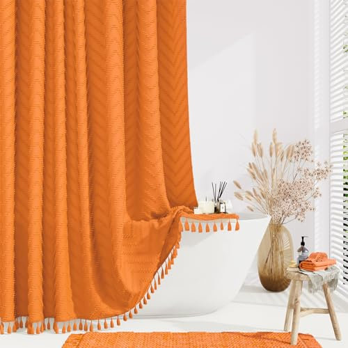 Dynamene Cortina de ducha bohemia estilo granja, tela naranja, con textura de cheurón, con borlas, para baño, estilo Shabby Chic impermeable, juego de cortina de ducha con ganchos, 72 x 72 pulgadas