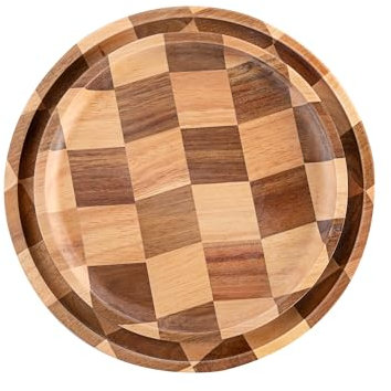 Set of 2 Wood Round Checkerboard Serving Trays, Decorative Coffee Table & Food Platters for Home Decor (1 x 24 cm, 1 x 20 cm)