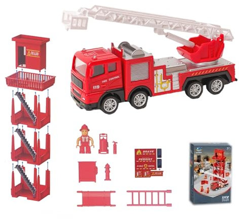 AptoFun Set de Jouets Pompiers avec camion et caserne. Camion Pompier (17 x 4,8 x 7,2cm), caserne et 2 pompiers avec outils pour enfants de 2 ans et plus