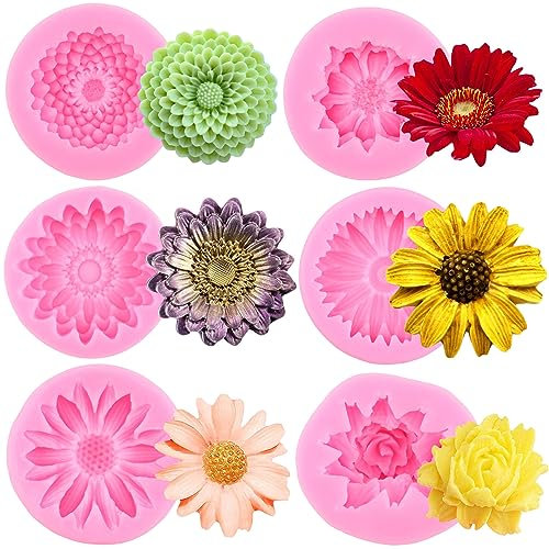 RFGHAC Set di 6 stampi in silicone a forma di margherita con crisantemo, per decorazione di torte e cupcake, in argilla polimerica, caramelle, cioccolato, pasta di gomma