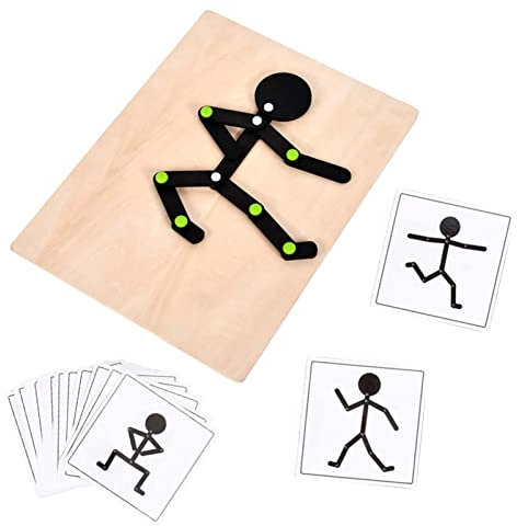 LOVEMETOO Holz Männer Puzzle Spielzeug | Kinder Holzpuzzle Mann Mit 24 Doppelseitigen Karte | Holzpuzzle Sport Mann Puzzles Mit 48 Körperhaltungen | Posture Blocks Game Shape Building Spielzeug