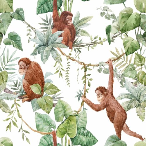 REDAMANCY Vintage Watercolor Monkey Green Leaves Peel and Stick Wallpaper Vintage Wall Paper Stick on Contact Paper Easy Peel Off for nightstand Drawer Renter Friendly 17.7x236