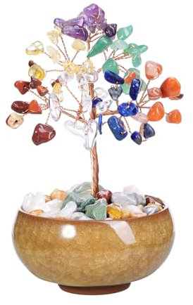 Jovivi Bibelot Arbre de Vie Décoration 7 Chakra Pierre Naturelle Reiki Feng Shui Figurine avec Base Bol de Céramique Guérison Équilibre Ornement Cadeau pour MamanFête de Mère Anniversaire