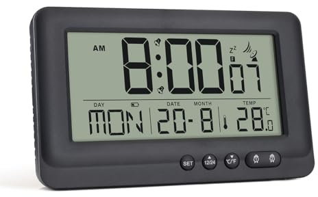 HappyStream Alarm Clock Digital Radio-Controlled Alarm Clock Digital with Indoor Temperature Display, Snooze Function, Backlight, Battery Operated (Black)