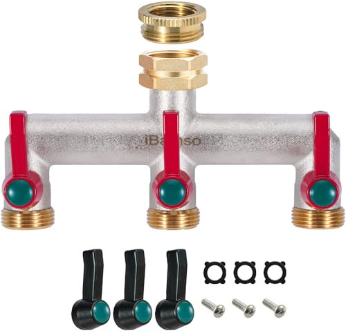 iBamso 3-Wege Verteiler, 3/4 Zoll Wasserverteiler aus Vernickeltem Messing, Wasserverteiler mit 3 separaten Absperrhähnen, Gartenschlauch Wasserhahn-Anschluss für Haus und Garten
