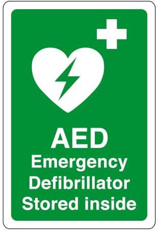 AED Safety sign - Emergency Defibrillator stored inside emergency sign - High tack self-adhesive sticker (400mm x 300mm) Viewing Distance within 14m.
