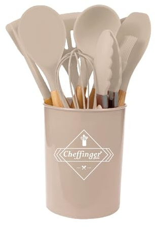 12-tlg Küchenhelfer Kochbesteck Set Kochgeschirr Silikon Holzgriff Beige