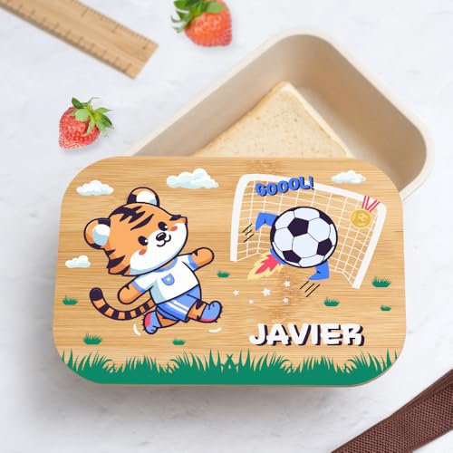 Transparent Gift Fiambrera con Tapa de Madera Infantil Personalizada con Nombre Fútbol. Fiambreras para Niños y Niñas en Excursión, Colegio y Guardería. Caja Almuerzo y Merienda para la Vuelta al Cole