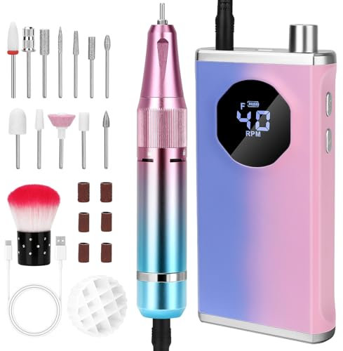 40000RMP Rechargeable Electric Nail Drill, Professional Nail Drill Machine with 12 Drill Bits,3,000mAh Electric Nail Drills,Low Noise and Heat Nail Drill for Nails Manicure Pedicure