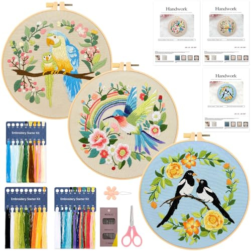 JSRQT 3 Sets Stickerei Set Stickset für Anfänger mit Bunt Blumen und Vogelmuster, Kreuzstich Starterset Erwachsene, Komplettes Sticken Set mit Stickwerkzeug einschließlich Stickrahmen, Nadel und Faden