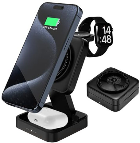 Cargador de inducción 3 en 1 plegable cargador inalámbrico para dispositivos múltiples, cargador de viaje para iPhone 15/14/13/12, estación de carga rápida para auriculares inalámbricos/reloj (negro)