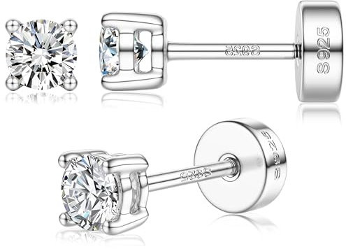 Boucles d’oreilles en Moissanite pour Femmes,Argent Sterling 925,4MM Clous d’oreilles en Or 14K,Couleur D VVS6 Diamant Simulé,Boucles d’oreilles à Dos Plat Ipoallergéniques,Cadeau de Bijoux Argent