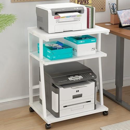 3-stufiger Drucker Tischständer mit Rädern, Druckerständer mit Ablagefläche, Druckerwagen für die Organisation der Küche im Homeoffice, Druckerhalter für Drucker, Wärmepresse, Scanner, Fax(White,22x19
