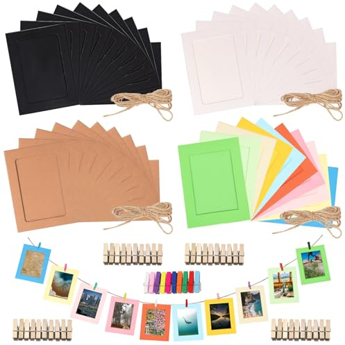 Rustark 84 cornici di carta per foto fai da te, in cartone, con clip in legno e spago di iuta, colori misti, 18,5 x 13,5 cm, per decorazioni da parete