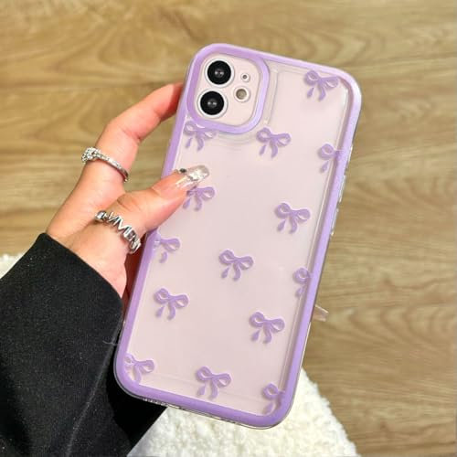 EYZUTAK Case for iPhone 11, Clear Cute Ribbon Bowknot Pattern Aesthetic Transparent Phone Case Raised Camera Protection Stylish Slim Soft Durable TPU Protective Cover for Women Girls - Purple