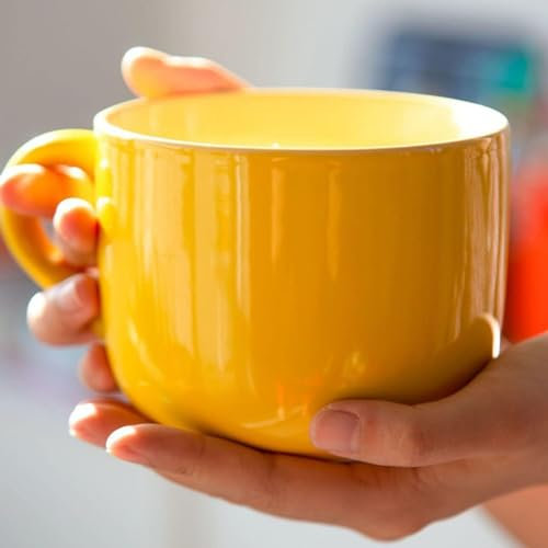 Arawat 600 ML Large Coffee Mug Ceramic Tea Mug with Spoon Ceramic Cup with Handles Coffee Tea Cereal Mug Cute Porcelain Coffee Cup Yellow Large Soup Mug
