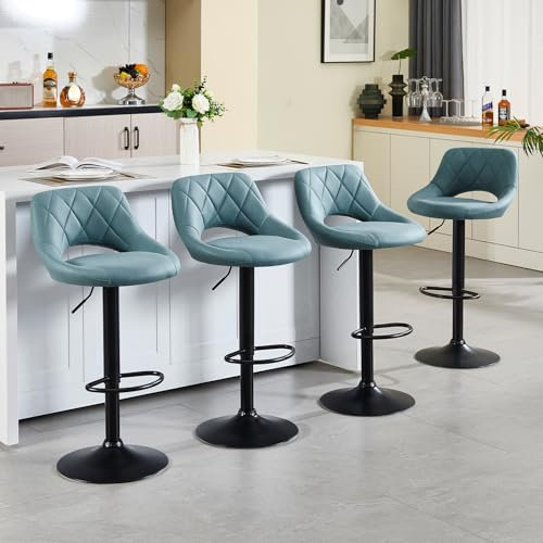 KHISCHMO Barhocker 2er Set Barstuhl Höhenverstellbar mit Ausgeschnittenen Rückenlehnen 360° Drehbar Polsterhocker mit Kunstleder Fußstütze aus Metall für Esszimmer Heimbar Kücheninsel,Blau