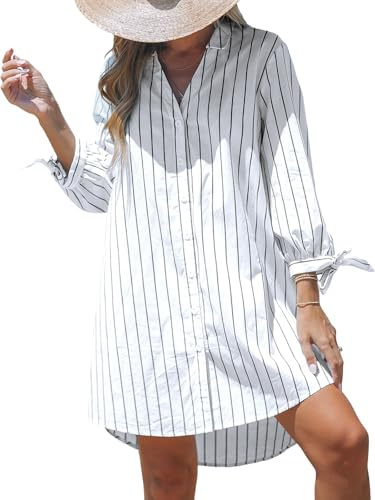 CUPSHE Mini robe d'été cache-maillot pour femme, chemise florale surdimensionnée à manches 3/4 avec liens à nouer, tenue pour la plage, Taille XS