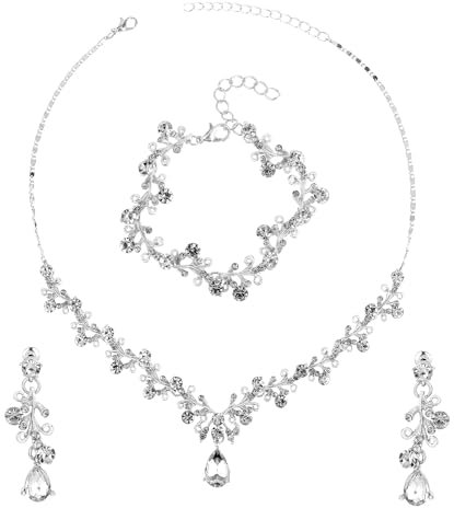 Yolev Strass Hochzeit Schmuckset Damen Brautschmuck Kristall Halskette Armband Ohrring Set Silber Braut Hochzeitsschmuck Brautjungfer Abschlussball Kostümzubehör Modeschmuck Set (Silber)