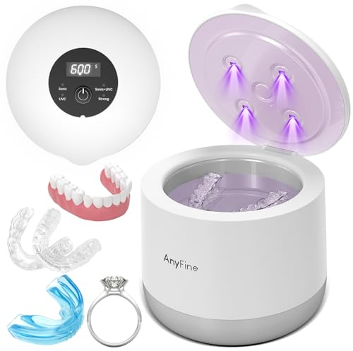 AnyFine Limpiador ultrasónico avanzado para dentaduras, protectores bucales, aparatos dentales, cabezales de cepillo de dientes y joyas, sistema de limpieza trifásico de 45