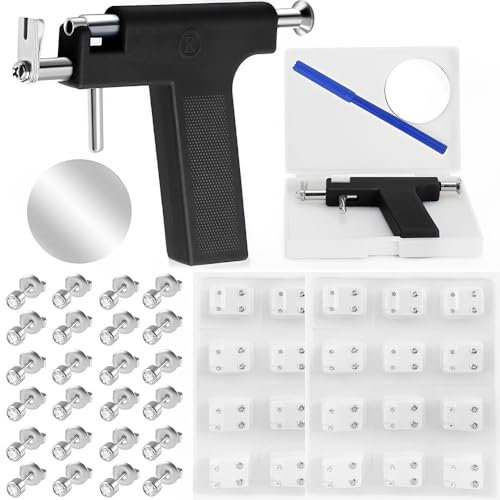 CUEMOON Ohrlochstechpistolen-Set Wiederverwendbares Ohrlochstechwerkzeug Professionelles Ohrring-Set für Körper, Nase und Lippe mit Edelstahlstiften Silberner Stabsatz mit 36 Stück Edelstahl,Schwarz