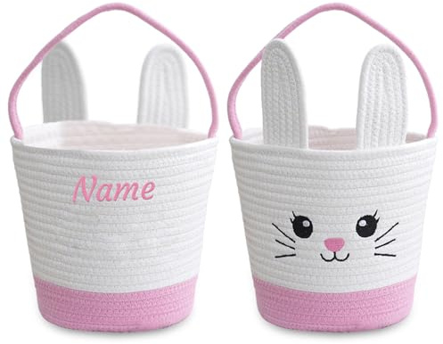Personalisiert Osterkörbchen Kinder mit Namen - Niedlich Ostern Geschenk Ostertüten zum Befüllen - Bestickter Osterhasen-Korb für Jungen und Mädchen (PINK-Weißer-Hase)