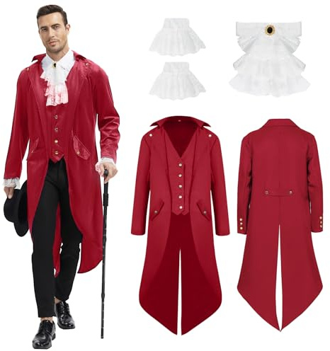 rumnigh Steampunk Herren Jacke, Gothic Frack Herren Mantel, Mittelalter Viktorianischen Vintage Jacke Uniform Lange Smoking,Halloween Party Karneval Cosplay Kleidung (Rot, M)