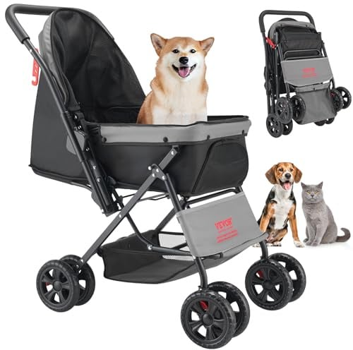 VEVOR Passeggino per Animali Domestici, Passeggino per Cani a 4 Ruote con Freni, Capacità di Peso di 20 kg, Portatile Maniglia Reversibile con Finestre in Rete Traspirante per Piccoli Cani Gatti