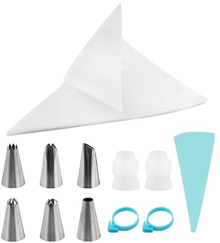 Set di 100 sac à poche usa e getta per decorazioni torte con 1 sacchetto riutilizzabile da 30 cm, 1 connettore, 6 beccucci, 2 nastri di chiusura