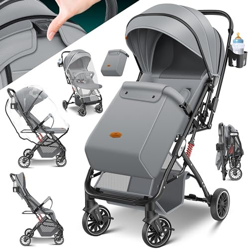 KIDIZ® Kinderwagen Kinderbuggy klappbar Liegebuggy Sportwagen Faltbar 360° Räder 5-Punkt Gurt Inkl. Fußsack, Getränkehalter, Regenabdeckung & Moskitonetz verstellbare Rückenlehne & Sonnenverdeck
