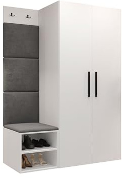 Mirjan24 Garderoben-Set Mapreni IV, Schuhschrank + Kleiderhakenbrett + Kleiderschrank Gepolstertes Paneel/Wandpaneel Kleiderhaken Flurgarderobe Wandgarderobe (Weiß, Manila 16)