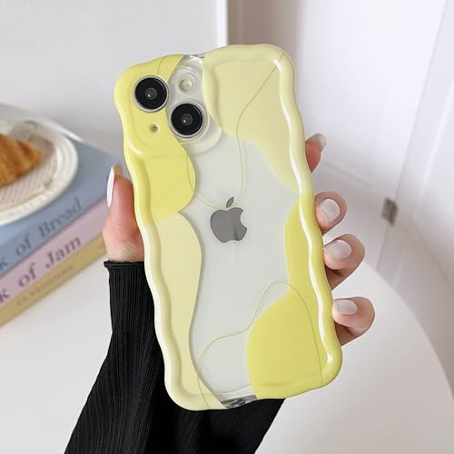 DEFBSC for iPhone 14 Plus/15 Plus Case Cute Clear Wavy Curly Design,Yellow | Wave Frame Colour Mix Aesthetic Pattern Durable Stylish Shockproof Soft Phone Cover for Women Girls Full Camera Protection