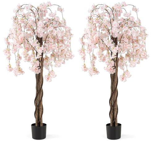 COSTWAY 150CM/163CM Tall Artificial Cherry Blossom Tree, Fake Blooming Flower Tree in Cement Pot with Pink/White Flowers, Faux Floral Potted Plant for Office Home Wedding (2, White+Pink, 163cm)