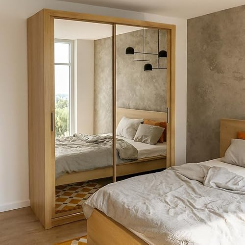 Agritrade AK BONO SZ150 Wardrobe with Sliding Mirror Doors - Modern Bedroom Storage with Hanging Rails & Shelves - 150 cm - Artisan Oak