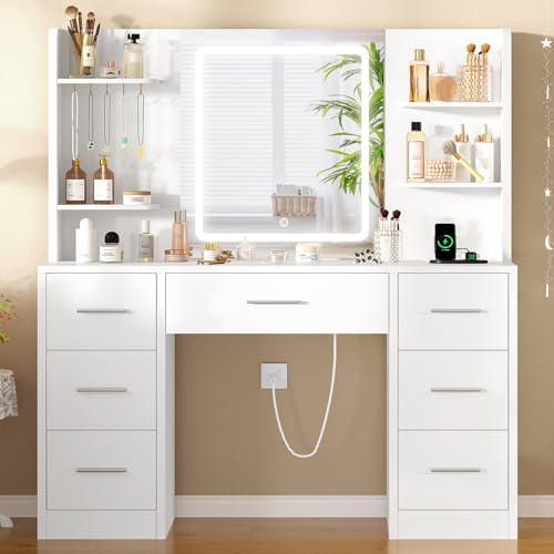 TEENFON Große Schminktisch mit LED-Beleuchtung und Steckdosen, Schminktisch mit Spiegel, 4 offenen Ablagen und 5 Schmuckhaken für das Schlafzimmer, Weiß，7 Schubladen Schminktisch+LED Beleuchtung