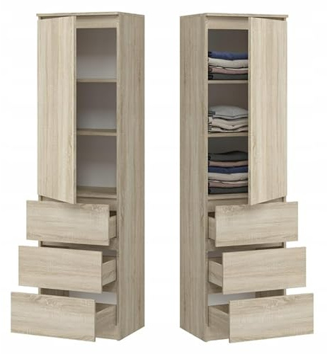 BDW – Armario con cajones – 3 cajones y estantes – Mueble de Almacenamiento de 50cm de Ancho, 180,5cm de Alto y 40cm de Profundidad – Roble Sonoma